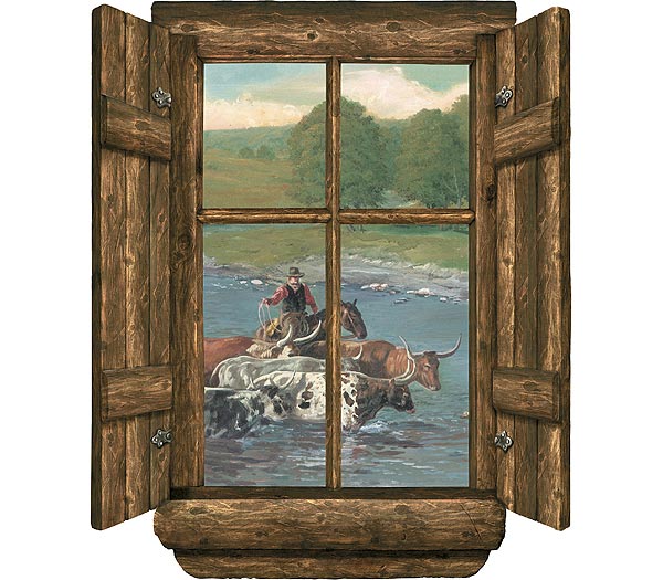 Log Window - Cattle Drive Accent Mural WK9881M Log Window - Cattle Drive Accent Mural WK9881M