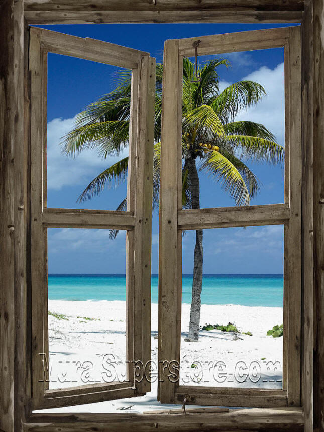 BEACH CABIN WINDOW SELF ADHESIVE WALL MURAL