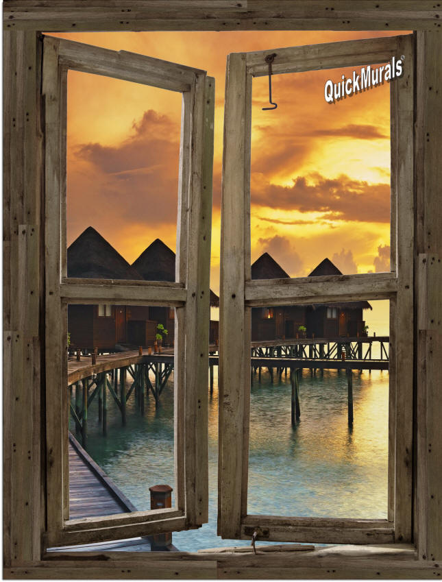 Beach Resort Sunset Window Peel & Stick (1 piece) Canvas Wall Mural