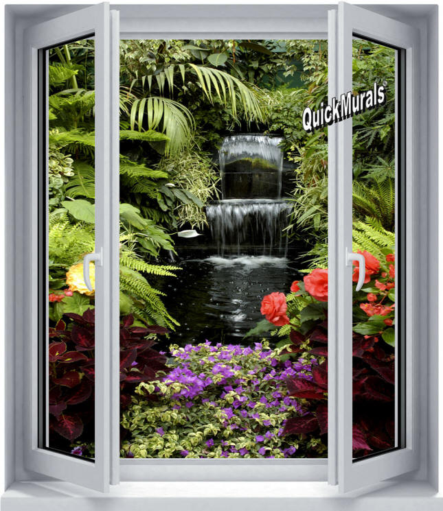 Floral Waterfall Window 1-Piece Canvas Peel & Stick Wall Mural