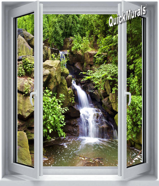 Black Forest Waterfall Window 1-Piece Peel & Stick Canvas Wall Mural