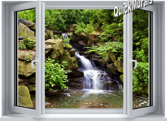 Mountain Waterfall Window One-piece Peel & Stick Canvas Wall Mural 	